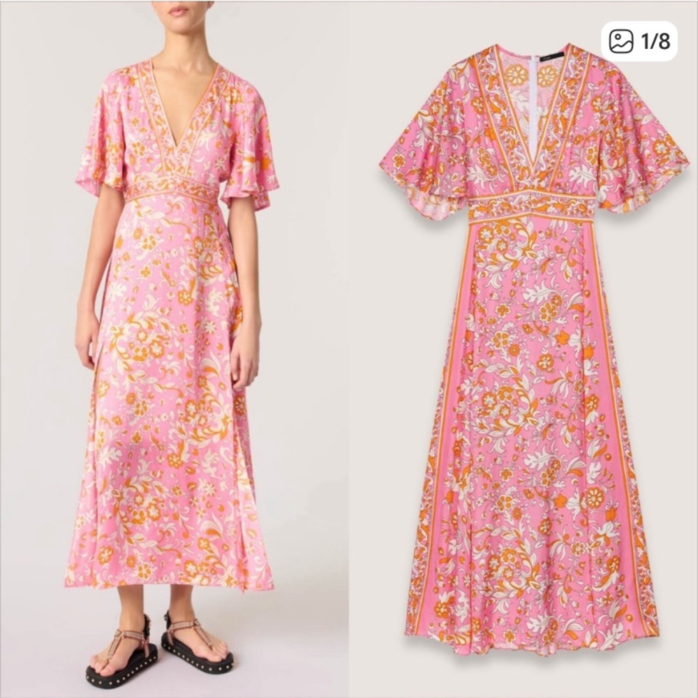 Maje Orange Pink Floral Dress 42 size 10